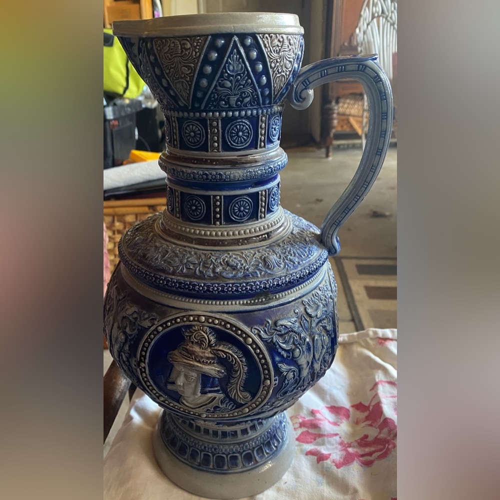 Cobalt blue and grey saltwater antique German stein pitcher.